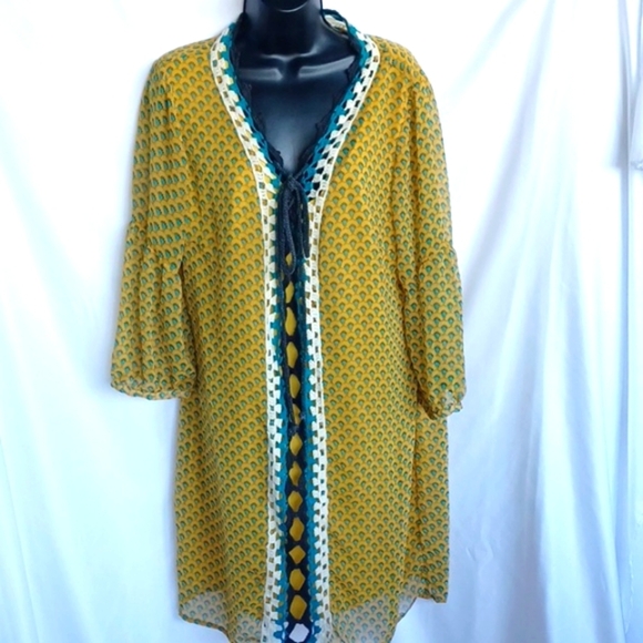 Nick & Mo Anthropologie Dress, Crochet front, gold & green - Picture 1 of 9
